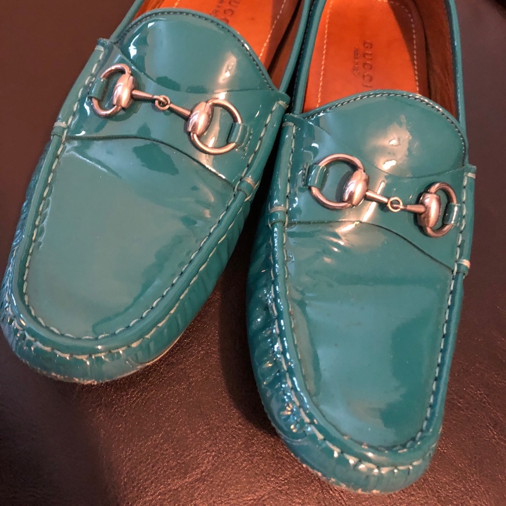 Gucci Driver Loafers - Teal patent leather